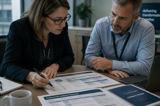Capability framework snapshot — two professionals reviewing framework documentation