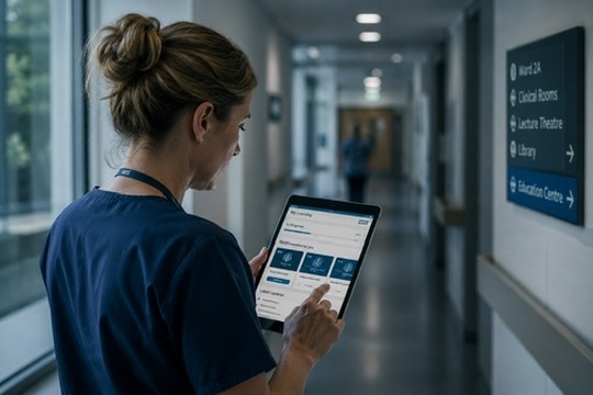 Clinician reviewing learning pathways on a tablet device