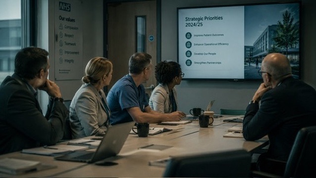 NHS leadership team in a strategy planning meeting