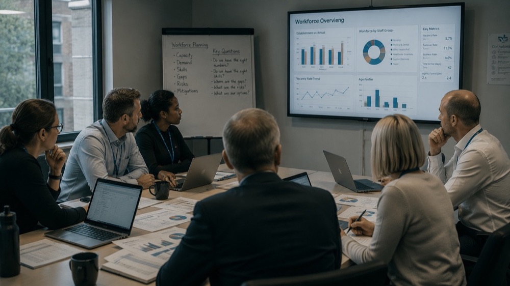 Compliance dashboard review in a workforce planning meeting