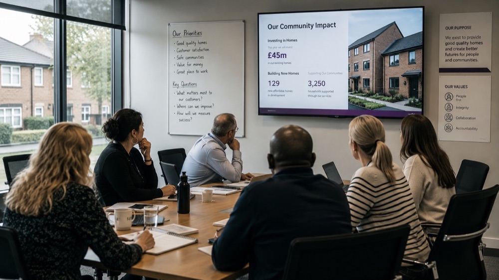 Housing team discussing community impact and service outcomes
