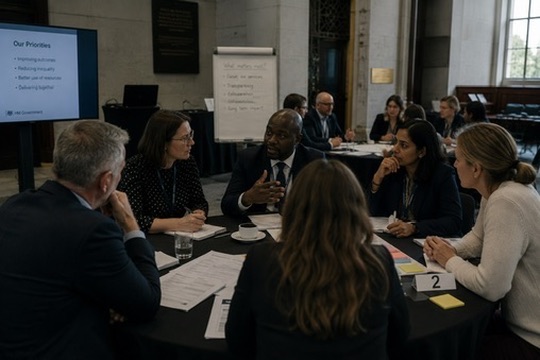 Strategic planning session — leaders reviewing options around a table